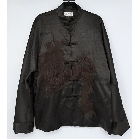 M Yaman Chinese Qi Pao Jacket Shirt Brown Men’s L Large Embroidered Dragon Asian - Picture 1 of 10